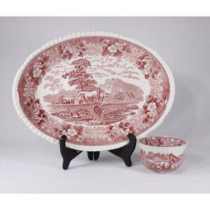 Vintage Staffordshire pottery Adams English scenic pink transferware 12" serving